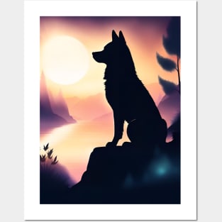 Dog Watching Sunset Posters and Art